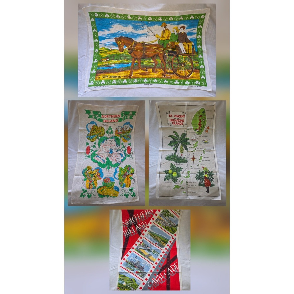 Vintage Irish Linen Tea Towels Lot‎ of 4 - N. Ireland St Vincent Souvenirs